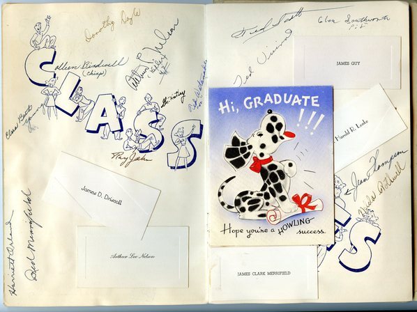 Graduation card and signatures of classmates in John Fourt's memories scrapbook