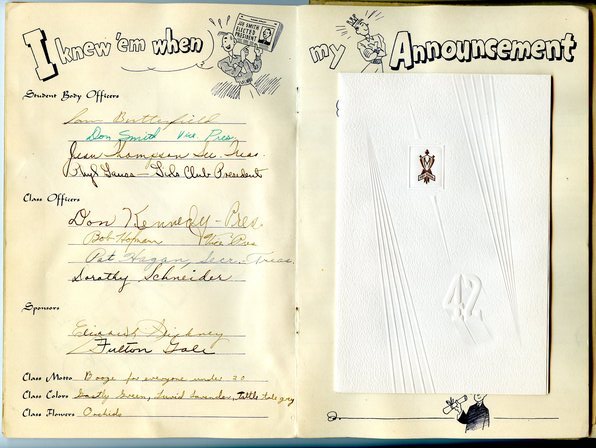 Graduation announcement for John Fourt and graduating class officers in memories scrapbook