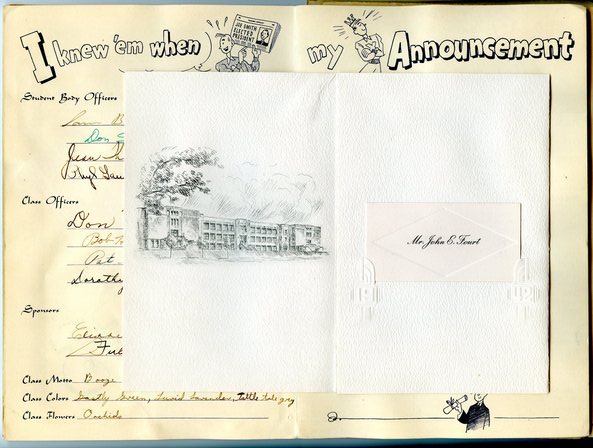 Graduation announcement for John Fourt in memories scrapbook