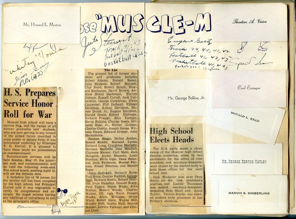 Newspaper clippings and graduation cards of classmates from John Fourt's memories scrapbook