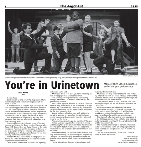 UI Argonaut article reporting on the 2015 musical performance of Urinetown by students at MHS