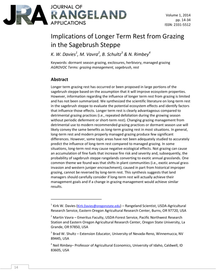 An article from the Journal of Rangeland Applications, an open access journal published at the University of Idaho.