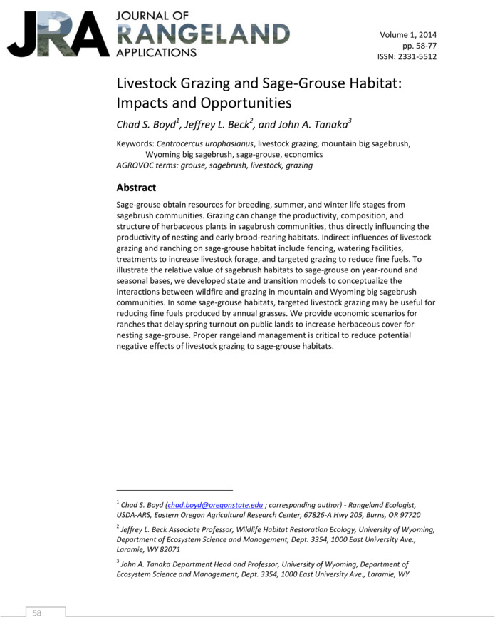 An article from the Journal of Rangeland Applications, an open access journal published at the University of Idaho.