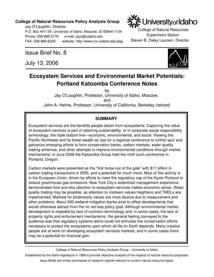 Policy Analysis Group Issue Brief - University of Idaho College of Natural Resources