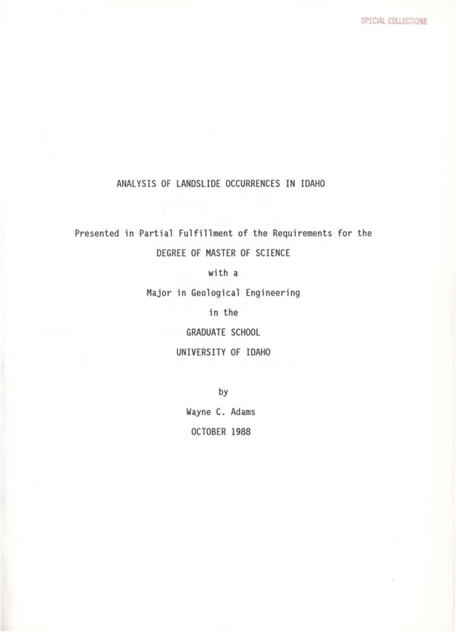 Thesis (M.S., Geological Engineering) -- University of Idaho, 1988