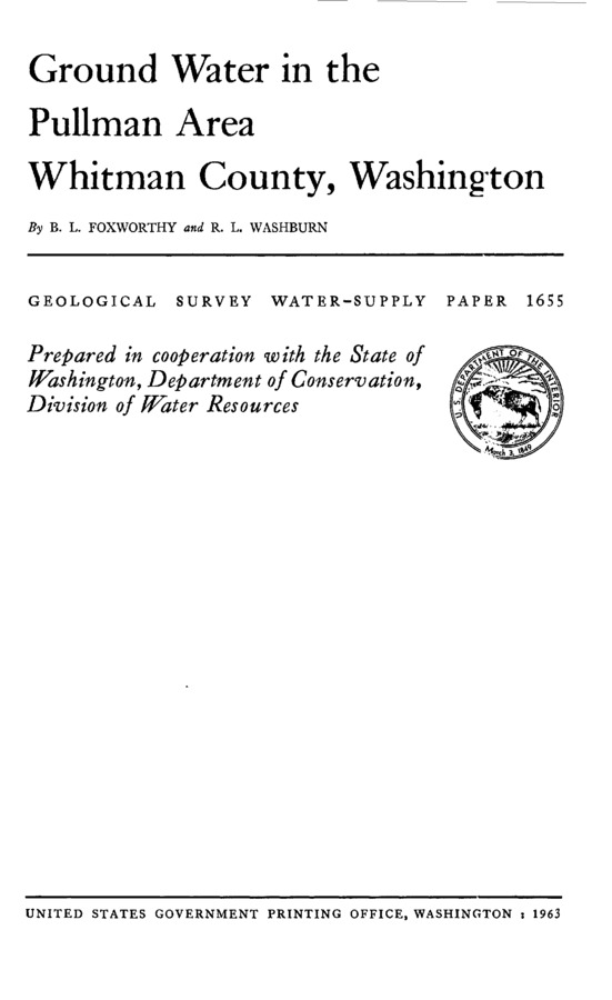 This report presents the results of an investigation of the ground-water resources of the Pullman area, Whitman County, Wash. The investigation was made in cooperation with the State of Washington, Department of Conservation, Division of Water Resources, to determine whether the 1959 rate of ground-water withdrawal exceeded the perennial yield of the developed aquifers, and if so, (1) whether additional aquifers could be developed in the area, and (2) whether the yield of the developed aquifers could be increased by artificial recharge.