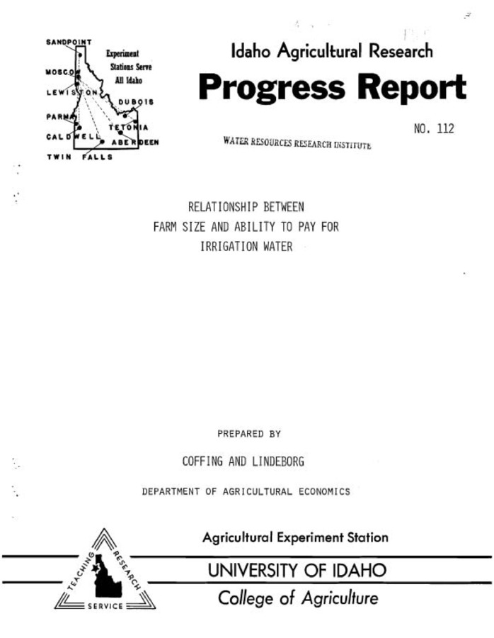 This study was conducted in the Dry Lake area at Nampa, Idaho, where 5 or 6 companies are pumping irrigation water from the Snake River to a plateau 500 to 600 feet above the river surface. Irrigation development costs of bringing the water to the headgates of the farms are not included in this phase of the study.   Data was secured for 8 farms by interviewing each farm operator and land owner. To make comparisons between farms and also between enterprises, the data were broken down into per acre variable costs, fixed costs, total returns, net income and the cost of producing a dollar's worth of output. The term &quot;cost per dollar of output&quot; is the ratio of costs to returns. This ratio makes it possible to compare high-valued crops with low-valued crops on a per acre basis. This is a very sensitive measurement. For ex-ample, one cent change in the ratio for potato enterprise means a change in net income of $3.25 per acre.   The budgeting method of estimating water values in irrigation was used in this study. Long-run planning cost curves were estimated from the budgets by using simple curve linear regression. From the regression equations for each of the four enterprises (grain, sugar beets, potatoes and alfalfa seed), 12 model farms were constructed.   The long-run average total cost curve for the model farms, which incorporates a long-run rotation and long-run price and yield expectations, indicated economies of size up to a farm size of 2,400 acres.   Net income--the measurement of how much money is left over to pay for irrigation water after all expenses, including remuneration for management, land and investment, have been paid--varied from about $50 to $57 per acre for all model farms.