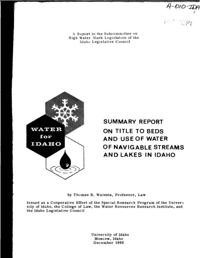 This study is concerned with the Federal and State Laws and statutes governing the ownership and control of the beds of navigable streams and lakes, together with their waters, in the State of Idaho. It was made at the request of Mr. Harold Snow, Chairman of the 1965 Sub-committee on High Water Mark Legislation of the Idaho Legislative Council. Its purpose is to provide such materials for the Chairman and his committee members as will enable them to comply with Senate Concurrent Resolution No. 7, Idaho Session Laws (1965) at 922.