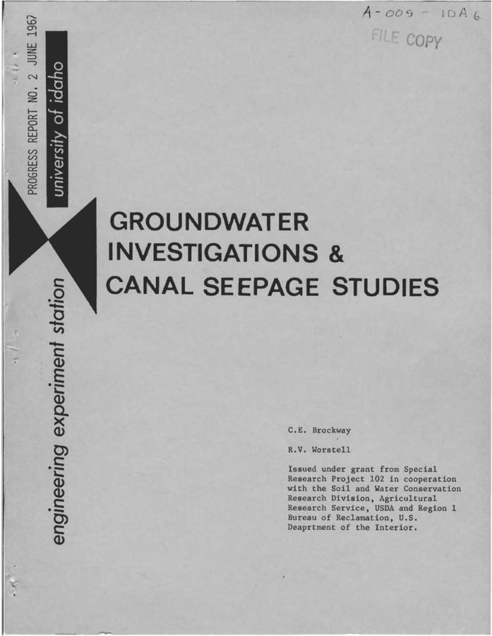 Progress in 1966 on Special Research Project 102 of the University of Idaho Engineering Experiment Station in cooperation with the Bureau of Reclamation and the Agricultural Research Service ARS  is presented. Average seepage rates from 86 seepage meter tests with the ARS meter are compared with ponding rates and inflow-outflow loss measurements. The average seepage meter rates are 23 percent higher than ponded rates. A method for determining the required number of seepage meter tests is outlined. Seasonal variation of soil moisture tension in the soil prism beneath an operating canal are measured, using two methods of tensiometer installation and readout. Increases in soil moisture tension from 0 to 5. 5 feet of water over the irrigation season is indicative of the gradual sealing of the canal bottom and corresponding decreases in seepage rates. Field and laboratory conductivity measurements indicate the impeding layer in the canal bottom has a saturated hydraulic conductivity of about 1/50 that of the natural soil beneath the layel"" at the end of the irrigation season. A new method for securing and testing undisturbed soil cores using shrinkable plastic tubing is outlined. Good agreement between field estimates of the conductivity of the impeding layer and laboratory tests was achieved,