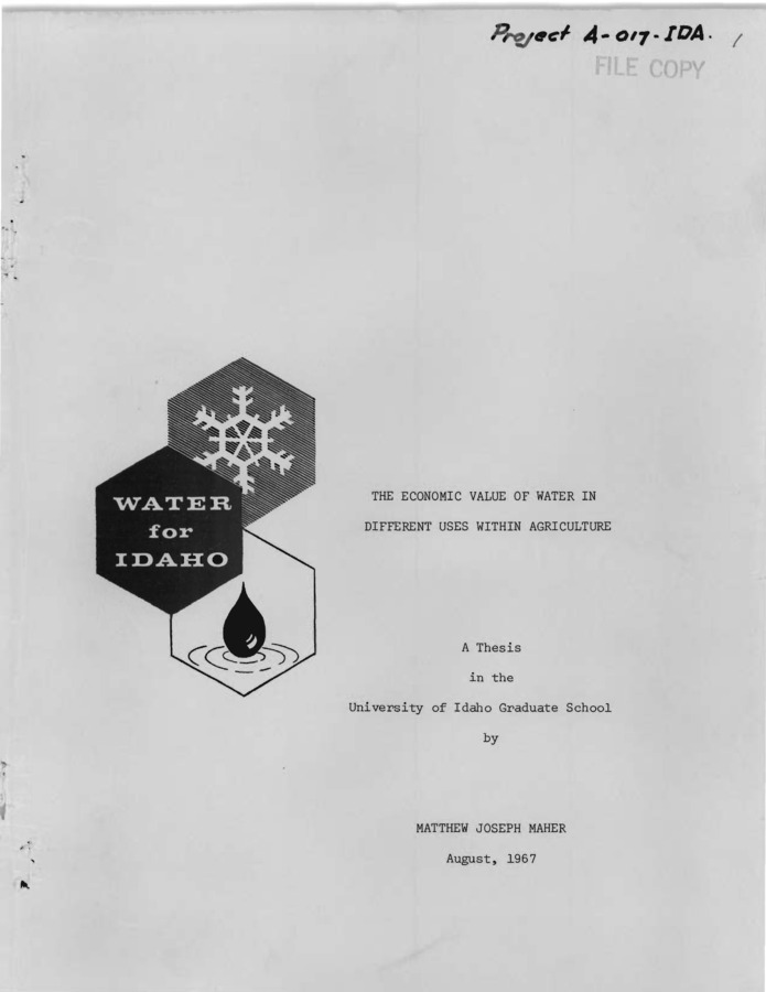 This study was undertaken in order to determine the economic value of water in alternative uses within agriculture in Idaho. It is important to Idaho farmers and to the economy of Idaho in general to have such estimates available so that maximum economic gains may be derived from the available supply of irrigation water.  Three irrigation areas, Area I, Area II, and Area III, along the Snake River valley were studied. Costs of producing different crops in those areas were already available from previous studies. The author interviewed selected farmers in two of those areas to update available information and to determine the resource supply situations confronting operators.  The analytical tool applied to fulfill the objectives was linear programming. Three representative farms of different sizes were constructed for Area I and one each for Areas II and III. Three analytical models were formulated as steps in attaining the objectives. Changes were made from model to model in order to make the analysis more realistic or to investigate some particular facet of the problem.   The results of the study indicate that the value of water varies from area to area, water being most valuable in Area I and least valuable in Area III. Analysis of different sized farms in Area I indicates that farmers can afford to pay more for water on large farms than on smaller farms. Project A-017-IDA.