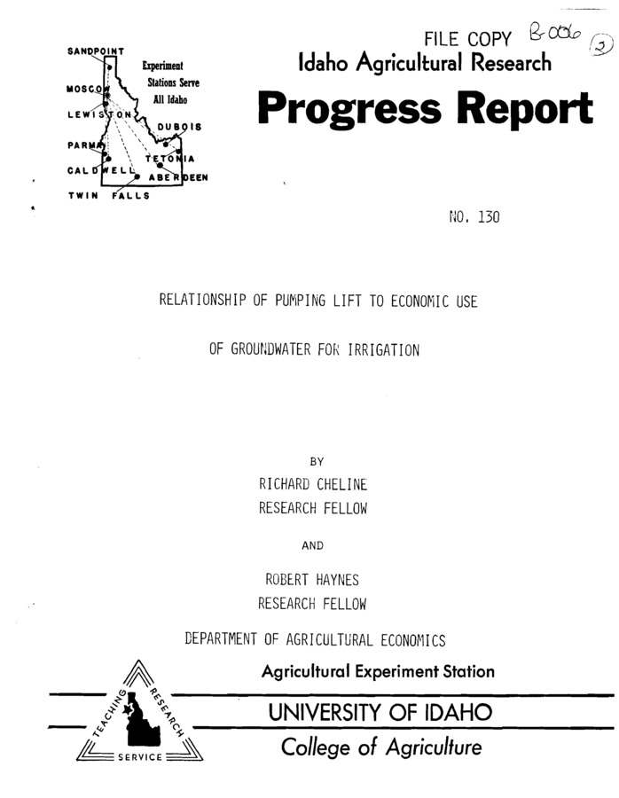 This report deals with the first phase of an economic study conducted on the Upper Snake River Basin. The objective of this phase is to determine the optimum economic combination of the scarce resources available with respect to the price the farmers can afford to pay for pumped irrigation water from a ground water source.   The research upon which this report is based was supported by the Idaho State Reclamation Department. The project is continuing with support from the Idaho Reclamation Department and the United States Department of the Interior as authorized under the Water Resources Act of 1964, Public Law 88-379.   The project is sponsored by the Water Resources Research Institute, University of Idaho, Moscow, Idaho.