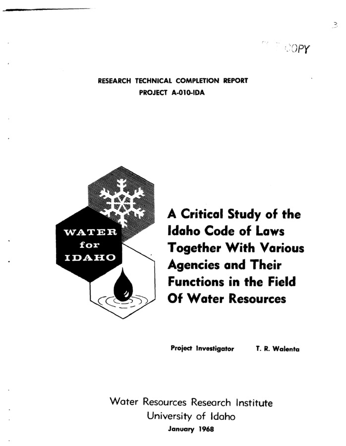 Studies of the code of laws and the legal problems associated with water resources activities in the State of Idaho has been studied through legal research of existing laws and practices. This has involved much dialogue and conferencing with state agencies personnel and representatives of interest groups such as the Idaho Reclamation Association and the Idaho Association of Soil Conservation Districts. Particular contributions have resulted in recommendations regarding PL 89-80, the Water Resources Planning Act, and national legislation on Wild Rivers as these acts might apply to Idaho. The study has contributed much to new legislation concerned with title to and use of water of navigable streams and lakes in Idaho, as well as improved legislation with regard to administration of water laws in Idaho. The legal research papers prepared by 56 law students on topics related to water law were a significant contribution to background material and served as great training contribution during the course of the study.