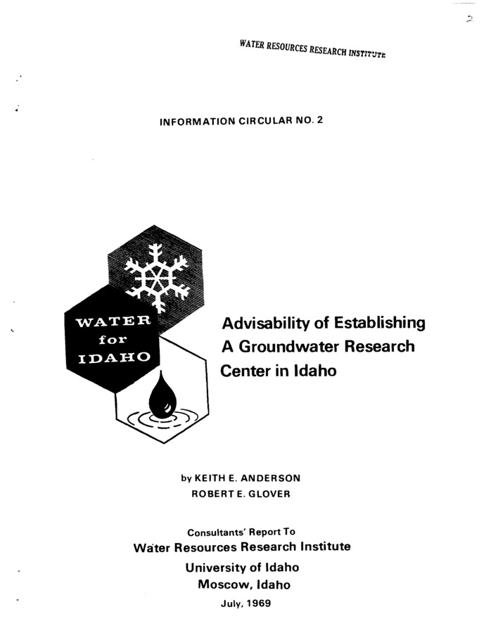 The assignment was outlined for the consultants in general terms with wide latitude given in the matter of the method of investigation and preparation of report and conclusions. Primary considerations has been given to the two questions: Is there a need for such a groundwater research center in Idaho? If so, is the establishment of such a center feasible ? If such a center was deemed feasible, additional questions were then to be investigated and evaluated such as the type of center, the purpose of such a facility, cooperation with surrounding states, the relationship to the educational system in Idaho and to other agencies involved in water research or investigation, the types of investigation to be carried on and potential research problems for study, and specific recommendations concerning such a facility including its location, staffing, physical plant and equipment, costs , and possible means of financing.