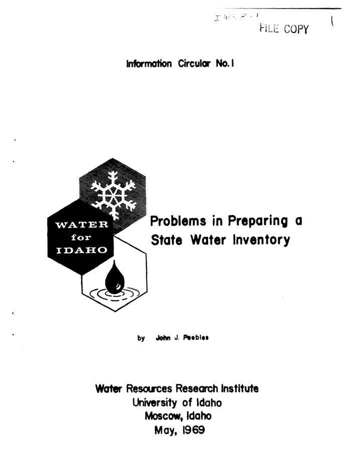 The preparation of a comprehensive water inventory for the entire State had never before been undertaken in Idaho. Special problems were encountered in the preparation of this inventory which may be of interest to those who have participated in the preparation of water inventories in other states or to those charged with preparing similar reports for states which have yet to inventory their water supplies. While the remarks that follow refer specifically to the problems faced in preparing Idaho's water inventory, these same problems very likely have been or will be faced by other states. The preparation of a water inventory for Idaho amounted almost entirely to a job of data gathering. Because the Water Resources Research Institute and the University of Idaho are not data-gathering organizations, as such, most of the basic information that appears in the report was acquired from numerous sources, including Federal and State agencies, as well as private utilities and individuals.