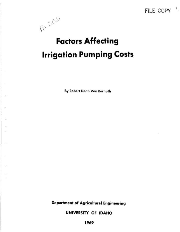 A thorough understanding of the factors affecting the cost of pumping water for irrigation does not presently exist. The purpose of this study was to try to gain better understanding of these factors and attempt to determine the specific effect which total pumping lift may have on the cost of pumping water. Data were gathered from various sources over five states and separated according to the source of power used to pump water. A multiple regression analysis was run on the data, which included a total of 193 observations, and the relative effect of each selected variable was determined from this analysis.  After a preliminary analysis was run, 14 different equations were selected for the analysis. [...] The results of this study indicate that with the variables used total costs can be well accounted for, but additional variables must be used to account for variable costs.