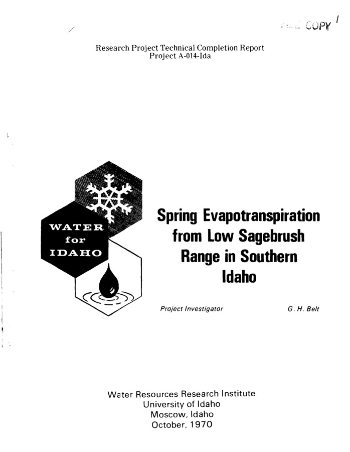Approximately 75-85 percent of the 8-20 inches of average annual precipitation on southern Idaho rangelands is delivered in the form of winter snow and spring rain. During spring and summer months the annual charge of soil moisture necessary for forage production is depleted by the process of evapotranspiration, E.T. This report summarizes E.T. estimates made on the Reynolds Creek, Experimental Watershed, Reynolds, Idaho, during May and June 1969. These estimates were based upon measurements of meteorological parameters and evaluation of the energy balance. Objectives of the study were twofold: (1) To measure the magnitude of and variation in evaporative flux rates for low sagebrush range. (2) To identify those parameters of the microclimate which were significant in causing daily and hourly vairation in flux rates.
