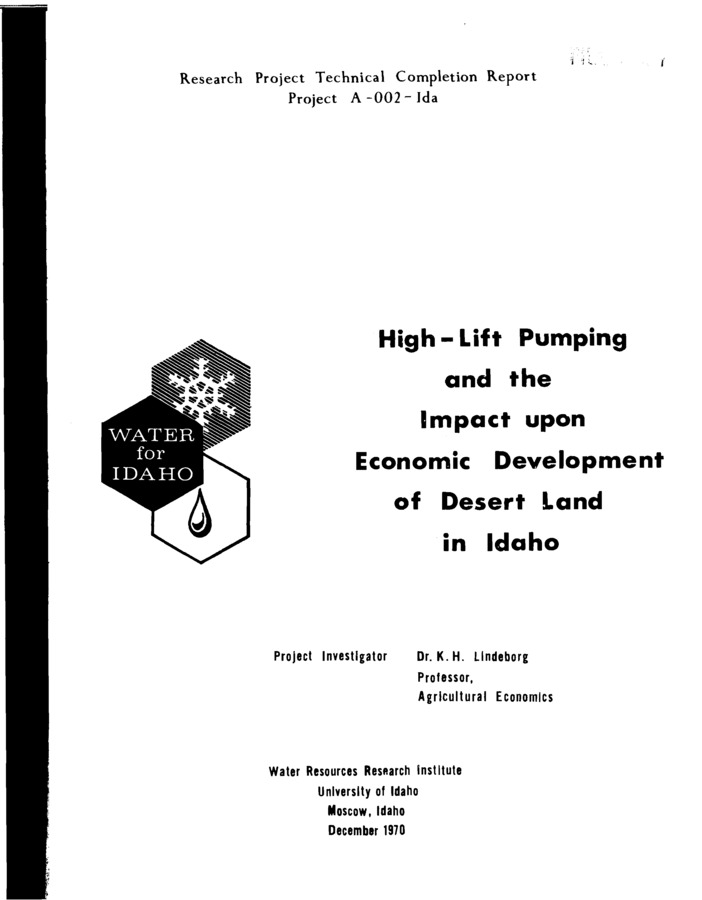This study was conducted in the Dry Lake area at Nampa, Idaho, where 5 or 6 companies are pumping irrigation water from the Snake River to a plateau 500 to 600 feet above the river surface. Data was secured for 8 farms by interviewing each farm operator and land owner. To make comparisons between farms and also between enterprises, the data was broken down into per acre variable costs, fixed costs, total returns, net income and the cost of producing a dollar's worth of output. The term 'cost per dollar of output' is the ratio of costs to returns. This ratio makes it possible to compare high-valued crops with low-valued crops on a per acre basis. This is a very sensitive measurement. For example, one cent change in the ratio for potato enterprise means a change in net income of $3.25 per acre. The budgeting method o f estimating water values in irrigation was used in this study. Long-run planning cost curves were estimated from the budgets by using (curvi-linear) regression. From the regression equations for each of the four enterprises (grain, sugar beets, potatoes and alfalfa seed), 12 model farms were constructed. The long-run average total cost curve for the model farms, which incorporates a long-run rotation and long-run price and yield expectations, indicated economies of size up to a farm size o f 2,400 acres. Net income -- the measurement of how much money is left over to pay for irrigation water after all expenses, including remuneration for management, land and investment, have been paid -- varied from about $50 t o $57 per acre for all model farms.