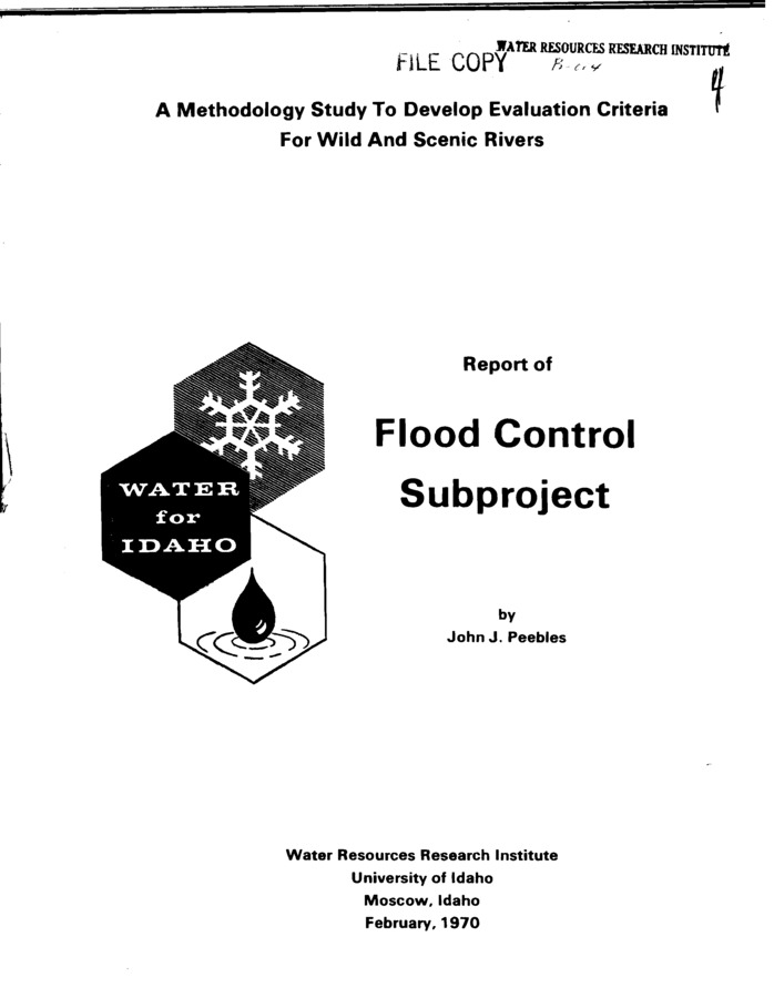The writer of this report has been assigned the task of preparing information for the navigation and flood control subprojects, the latter being the subject of this report. The objectives of the flood control study are: 1. To determine the flood control needs within the Salmon Basin. 2. To determine the potential for flood control storage in the Salmon Basin based on the needs of the entire Columbia Basin. 3. To determine the impact of flood control storage and channel control on the Salmon River as a wild river either in total or in segments.