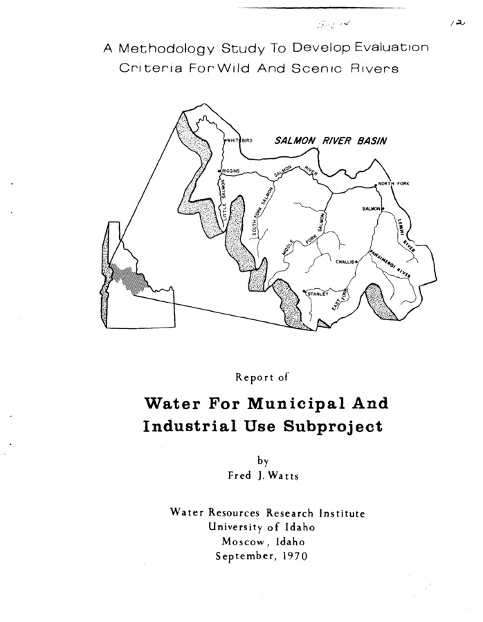 The purpose of this subproject is to catalogue information concerning municipal and industrial water use, present and future, in the Salmon Hydrologic unit and to briefly explain the methodology which was used to derive the data. Boundaries of the hydrologic unit and the economic study units discussed in the report are shown in figure 1. The objectives of this study are: 1. To determine water needs for municipal and industrial use in the Salmon River Basin. 2 . To assign a value to the water that might be used for municipal and industrial use in the Salmon River Basin. 3 . To determine the impact on the present and future use of water for municipal and industrial purposes on the Salmon River if the entire system is classified a s a wild river or if only certain segments are so designated. At the present stage of investigation it i s not possible to quantify the third objective.