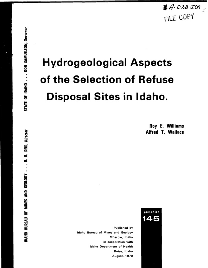 In this report geologic environments in Idaho have been evaluated in light of results of studies on refuse disposal and ground-water contamination that have been conducted elsewhere. The hydrogeologic environments commonly considered most safe for refuse disposal in any area are those with materials of low permeability and those that are well above the water table. A third type of environment, one which is hydrogeologically protective, also must be considered for disposal purposes in a few areas. Hydrogeologically protective implies that a site can be engineered to prevent the migration of leachate toward critical areas or that renovation of leachate by the porous medium will occur before the leachate reaches critical areas, The hydrogeologic environments discussed herein are categorized according to geomorphic province or subprovince, The major communities in Idaho are placed within the appropriate geomorphic category for purposes of recommendations regarding the selection of safe refuse disposal sites. This pamphlet contains information presented in support of the Idaho Department of Health regulations and standards for solid waste control,