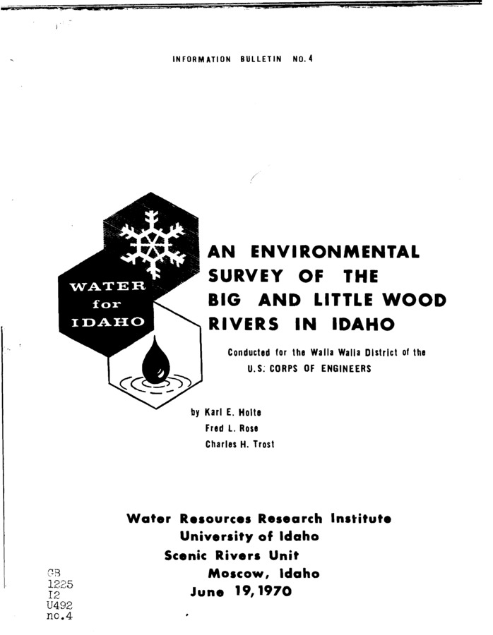 This preliminary survey was conducted at the request of the U.S. Corps of Engineers to assess the present ecological conditions in the watershed drained by the Big and Little Wood Rivers and their tributaries. Special note was made of particular problem areas which in some instances are clearly related to various kinds of land and water abuse.