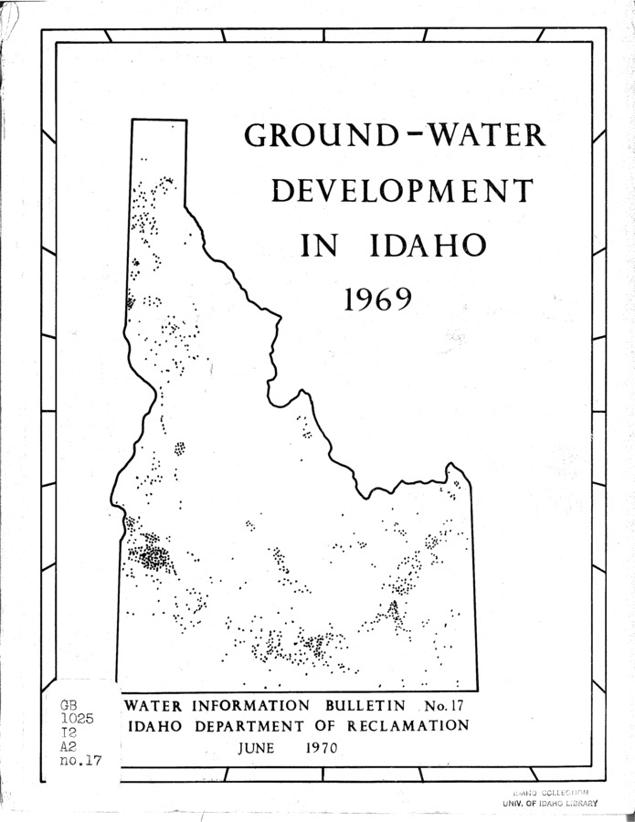 The administration of the ground-water resource of Idaho is the responsibility of the State Reclamation Engineer.  This report is prepared to provide him and the public with quantitative information on the location and extent of the present and projected ground-water development in the state. The objectives of the study can be divided into four headings: (1) Determine the rate of development of the ground-water resource in the state during 1969. (2) Determine the location of ground-water development in the state during 1969. (3) Compare the data collected in 1969 with that collected in 1967 and 1968 to determine any trends in development. (4) Estimate where ground-water development will occur in future years.