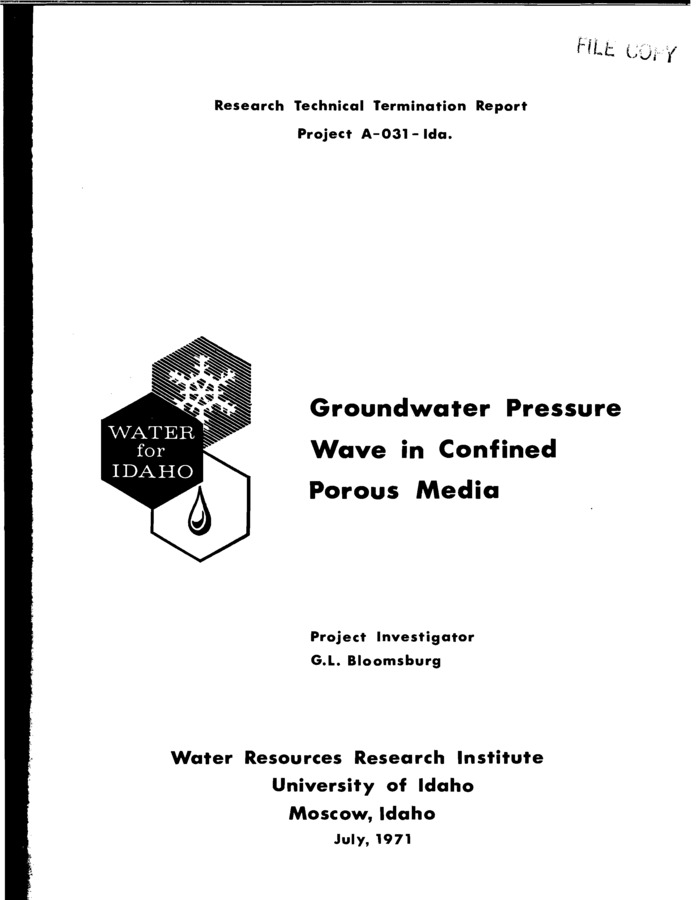 This project as originally proposed involved a 3-year theoretical and experimental study to determine what factors effect the rate of travel of pressure waves in confined porous media. The relationships developed were then to be applied to a field situation such a s in the Snake River Plain aquifer.