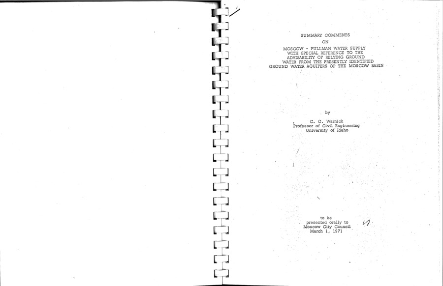 This report pertains to ground water related problems in the Moscow-Pullman area and provides suggestions for their resolution. Presented orally to the Moscow City Council, March 1, 1971
