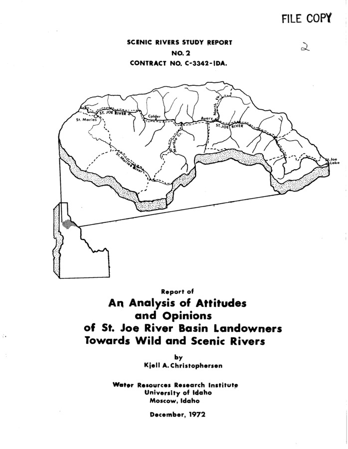This report compiles information obtained from St. Joe River landowners regarding their attitudes and opinions of the proposed inclusion of the river in the National Wild and Scenic Rivers System. Questionnaires were mailed to 327 landowners whose properties are located within the land area which could be affected by Wild and Scenic Rivers restrictions. A total of 54.4% of the landowners responded to the questionnaire. Approximately 76% of the affected land area downstream from Avery is privately owned, whereas the affected land area upstream from Avery is in national forest. Results of the survey revealed that 68.8% of the resident landowners were strongly opposed to classifying the lower segment of the St. Joe River from Avery to the conclusion of the river at Beedle Point on Coeur d'Alene Lake. Forty-three percent of the absentee landowners (not residing in the St. Joe River Basin) were also strongly opposed to classifying this segment of the river. In contrast, the majority of landowners were either strongly or mildly in favor of including the entire river upstream from Avery in the National Wild and Scenic Rivers System. Opposition to classifying the lower St. Joe River was based on landowners' perceptions of the degree to which Wild and Scenic Rivers restrictions would affect: (1) The free flow of traffic through the river Corridor, (2) property values and taxes, (3) personal income, (4) area economy, and (5) continued recreational use (or abuse) of private property.