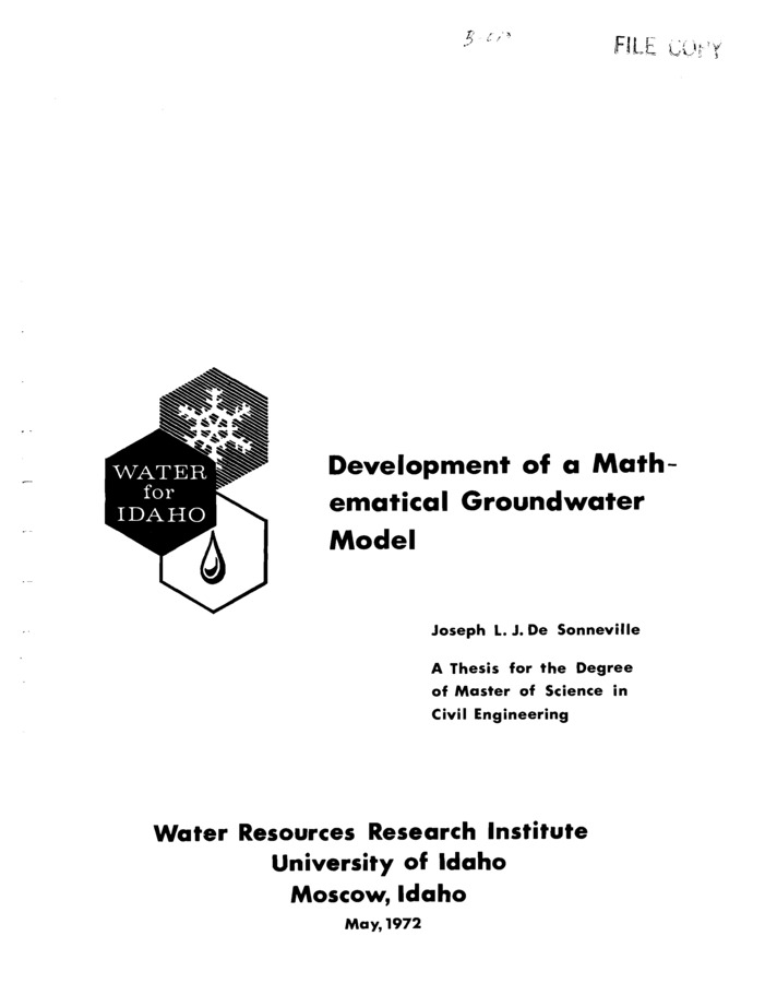 The development of a mathematical model for study of water management and budget of the irrigated area of the Snake River Fan in eastern Idaho was initiated in May, 1970. The study was initiated to develop alternate management solutions for correcting the problem of increasing high water table problems which has been causing inconvenience and financial hardships to local residents. A more fundamental reason for the study was to develop methods of solving regional groundwater problems. Water levels in wells raise a s much a s 40 feet during the irrigation season to within one - three feet of the surface in some areas. The study area has a dense network of canals with seepage rates averaging 3.5 cubic feet per square foot per day, irrigated soils with high infiltration rates and in some cases inefficient irrigation practices have contributed to t h e f a c t that diversions for irrigation are significant in excess of the state average. In 1970 the net diversion from the Snake River was 16.5 acre feet per irrigated acre and the net irrigation application was 9.6 acre feet per acre for the entire irrigation season. The mathematical model is a digital model and utilizes alternating direction implicit procedures for finite difference solutions to the basic flow equations. A special treatment of a flow boundary is incorporated in the model. Data on water table fluctuation, soils, crop distribution, irrigation diversions, distribution system losses and wastes, evapotranspiration, and irrigation practices were obtained for input to the model. The input data to the model is evaluated in two separate input programs in order to keep the actual program of the model a s general a s possible. An attempt is made to apply the model to the study area.