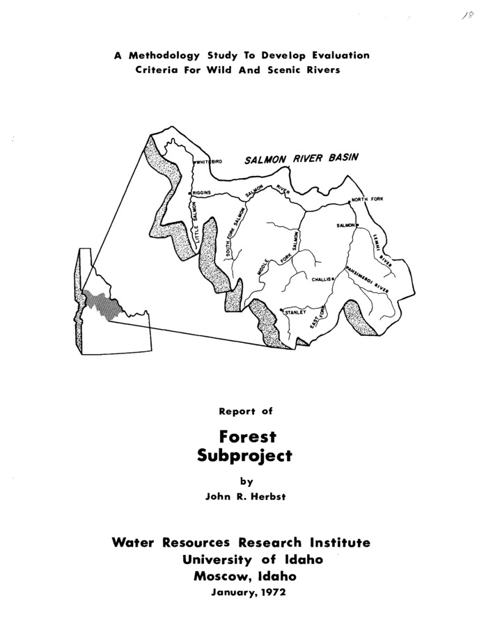 The objective of the Forest subproject was to inventory the timber in the Salmon River drainage, and determine the implications of river classification on timber harvest in the area. A secondary objective was to develop a methodology to relate forestry activities to System river selection, then test this methodology using the Salmon River as an example. The timber resource in the Salmon River basin was inventoried and evaluated. Based on the information gathered it was concluded that classification of the river would have little effect on the timber industry in the area. The methodology developed around general steps to take in evaluating the timber resource in relation to the Wild and Scenic Rivers System. It was suggested that once it was decided that the river qualified for the System, the researcher suggest various classification schemes for the river. Then rapid, unrefined estimates be made of the amount and value of the affected timber resource. A market base should be selected and the evaluation done on a sustained yield basis. More refined estimates can be made at a later time if warranted. Also discussed were factors involving forestry and system rivers such as selection of interest rate and a land value base. It was determined that the main ties between forestry and system rivers related mainly to transportation, water quality, water quantity, and aesthetics. Harvest types and techniques and their relation to system rivers was discussed, and an interpretation of the Act and guidelines in relation to system rivers was presented. It was concluded that the river basin is not the proper area to consider when relating river classification to the timber industry, as market and not geographic boundaries are relevant .
