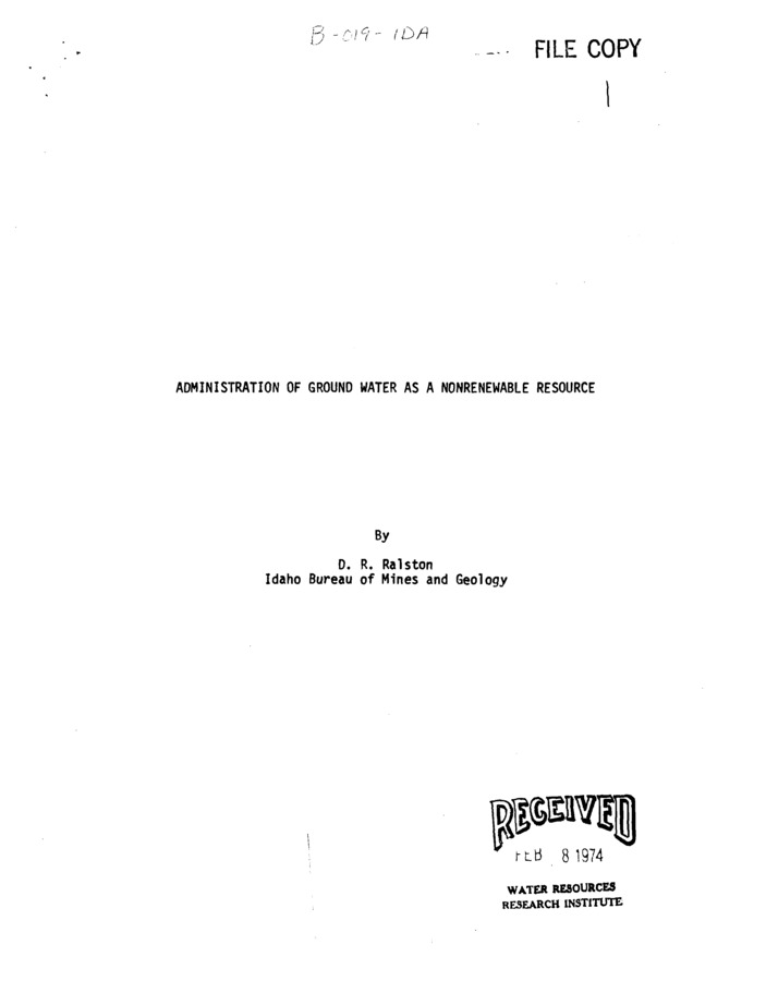 Ground water is generally administered with surface water as a flow or renewable resource. In Idaho, the administration is based on the appropriation doctrine of water rights. This doctrine provides for the division of a perennial but limited supply of water between various users. The purpose of this paper is to show that more consideration should be given to the administration of ground water as a nonrenewable stock resource. The development of the water resource of the Raft River basin in Idaho is presented as an example of the inapplicability of the present statutory guidelines for the administration of ground water.