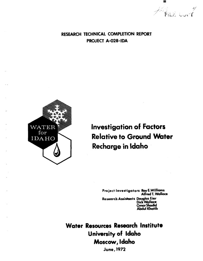 This project has concentrated on four of the myriad of factors relative to recharge of ground water in Idaho.  Evaluation and application of methods for delineating large areas which can be safely utilized for the terrestrial disposal of wastewater.  Investigation of the effect of a terrestrial disposal operation on soil water and ground water in the vicinity of a sweet corn canning operation in Buhl, Idaho.  Examination of changes in soil properties resulting from the application of wastewater, particularly sweet corn canning process effluent.  Investigation of a ground-water flow system in a mountain valley including the application of a mathematical model to the ground-water flow system in order to evaluate its role in the hydrologic budget of the valley.