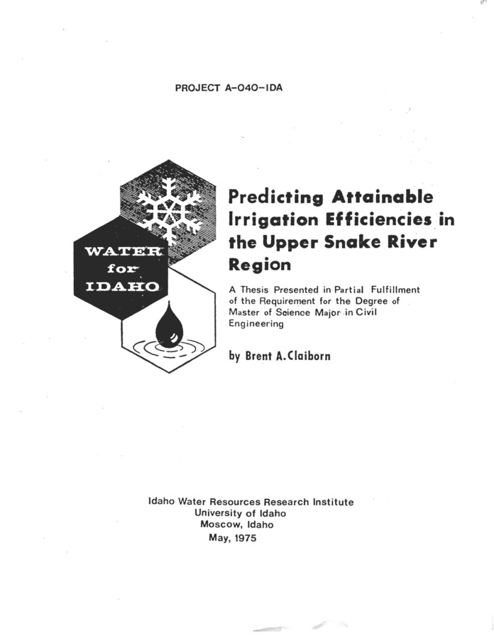 Present irrigation efficiencies and reasonably attainable irrigation efficiencies were evaluated in a study conducted on independent irrigation districts in the Upper Snake River Region of southern Idaho. Irrigation water use was investigated on six irrigation districts during the 1974 irrigation season. The irrigation districts selected typify most irrigation systems in the region, which was divided into 3 sub-areas having similar irrigation water use characteristics. River diversion data, conveyance system seepage loss data, crop distribution and return flow data were compiled. Deep percolation losses and irrigation efficiencies were derived using , an inflow-outflow water balance analysis. Present farm irrigation efficiencies varied from 11 to 62 percent on the districts. Project irrigation efficiencies ranged from 10 to 42 percent. By predicting attainable farm irrigation efficiencies of 60 percent, reasonably attainable project irrigation efficiencies were projected to range from 35 to 51 percent. Low present farm irrigation efficiencies were attributed to over-irrigation caused by long field runs combined with high intake rate soils. Lining main canal systems to reduce seepage would not significantly increase project irrigation efficiencies. Large decreases in river diversion could be obtained by increasing farm irrigation efficiencies.
