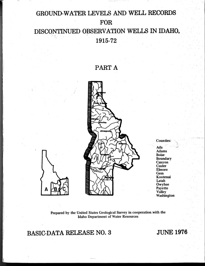 This report tabulates data of ground water levels from 1915 to 1972 in observation wells within selected counties in the state of Idaho. The data for this report are so voluminous that It is presented in parts A, B, and C for the convenience of the data user. The state has been divided into seven areas, and well data arranged alphabetically by county within each area. Part A contains well data for areas 1-5 which include north, north-central, west-central, east-central, and southwest Idaho. Part B contains well data for area 6, south-central Idaho. Part C contains well data for area 7, southeast Idaho.