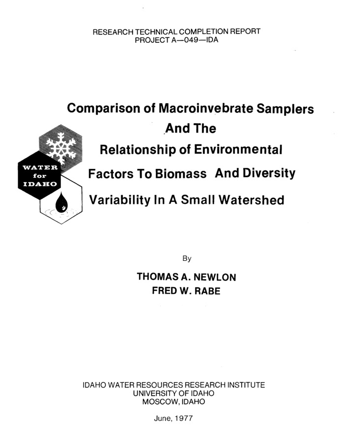 Variability in macroinvertebrate biomass and diversity between streams in a relatively undisturbed watershed was determined by sampling at 19 stations in first through fourth order streams of the Horse Creek drainage, Idaho. Macroinvertebrate biomass and diversity values varied significantly (P&lt;.05) both between different stream orders, and between streams of the same order. Biomass and diversity variability was correlated with physical and chemical factors by stepwise regression analysis. A large percentage (&gt;85%) of the variance in both biomass and diversity was accounted for by changes in four to five physical and chemical factors, which included substrate size, gradient, suspended sediment water temperature, alkalinity, stream order and width. This indicates that predictive modeling of macroinvertebrate community structure is possible in a small, relatively undisturbed watershed. Basket, multiple-plate and Surber macroinvertebrate samplers were used to determine which sampler is most applicable for use in small relatively undisturbed streams. Comparisons were made on the basis of sample biomass) diversity and taxonomic composition. Basket samples had more biomass and higher diversity than multiple-plate samples throughout the watershed, probably because they provided a better imitation of the natural substrate. Basket sample diversities were similar to Surber sample diversities in first and second order streams, but were much lower in third and fourth order streams. Both basket and multiple-plate samplers were found to be adequate for stream survey work. The inconsistancies found with Surber samplers indicated that they were most applicable only when time and resources were at a minimum, or when sampling was designed only to determine which taxa were present at a given site.