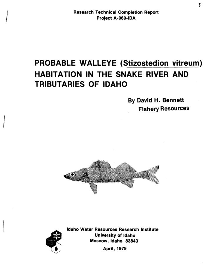 Report of walleye in the lower Snake River has aroused concern over the possible expansion of populations into the upper Snake, Clearwater, and Salmon river systems. [...] At the present time, the squawfish is the major predator below dams and in the reservoirs. Walleye, however, are more voracious and efficient piscivorous feeders than squawfish and consequently, could intensify predation on emigrating juvenile salmonids which could contribute further to the decline of anadromous fishes in Idaho. For this reason, this study was initiated with the following objectives: 1. To review the historic impact of walleye on salmonid fishes; 2. To document the occurrence of walleye in the lower Snake River; and, 3. To complete a literature review of the ecological requirements of walleye.