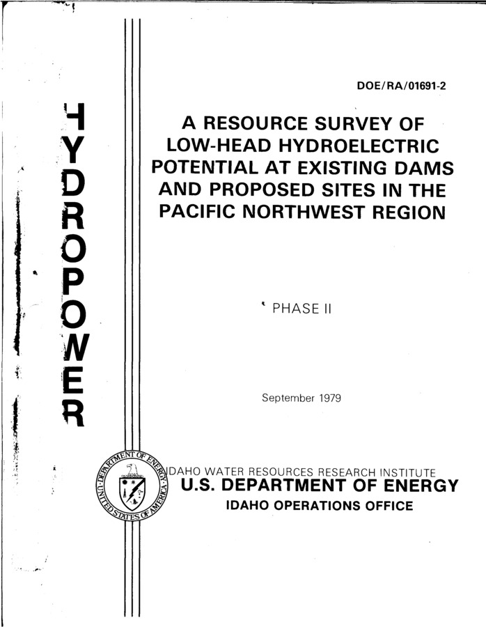 In September of 1977, the University of Idaho Water Resources Research  Institute entered into a contract with the then named Energy Research and  Development Administration, (now the U.S. Department of Energy) to make a  study entitled, "A Resource Survey of Low-Head Hydroelectric Potential  Pacific Northwest Region." The University of Idaho Water Resources Research  Institute in turn entered into subcontracts with the water resources research  institutes of Oregon, Washington and Montana to do portions of the study involving  their respective states.  The purpose of the study was to evaluate the theoretical potential for  small hydroelectric development of the Pacific Northwest Region.  The study area included all of the Columbia River system in the United   States and all other river basins in Idaho, Oregon and Washington. The   total area studied is approximately 292,000 squares miles.  The first phase of the study was to evaluate the theoretical power potential   of the streams in the region. This portion of the study was completed   in March 1979.   This report is the completion report for Phase II of the study where an  evaluation of the hydro potential was made for existing dams without present   generating capabilities, proposed hydro sites, and at proposed power sites in   existing irrigation systems.  For this phase of the study small hydro was defined as a site with potential  to produce power between 200 kW and 25MW with flows at the 50%   exceedance level. This is slightly different than the Phase I definition   of low head hydro which called for power at the 50% exceedance to be greater   than 200 KW and heads to be between 3 and 20 meters. The change in definition  of Small Hydro sites was requested by the Department of Energy.   The existing dams that were studied were those that were identified in   state dam registration lists or in the Corps of Engineers Dam Safety Studies. The primary sources of information for the proposed sites were siting studies   done by various federal and state agencies. No searches were made for new   sites that had not been previously identified.   Another aspect to this study involved evaluating transmission and load   restraints at existing dams that do not have generating capabilities. Such   items as distance to nearest power line, capacity of that line, type of local   market and distance to nearest population center were evaluated. These items   are important to those making feasibility studies of Hydro Sites.