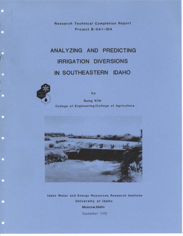 A study was done to analyze the daily water flow data from two large irrigation districts located in the Upper Snake River region of southeastern Idaho and to develop a methodology for predicting daily water diversions. Data collected during the 1978, 1979, and 1980 irrigation seasons were used for this study. Crop consumptive use was estimated by the combination method on a daily basis. [...] Graphical and statistical methods were used to determine fluctuations and relations among inflow, outflow, evapotranspiration and precipitation. A weekly cycle was found to exist within outflows, but no significant frequency was found within inflows. Relationships between time and diversion requirements were established.  Based on the time effects, proper consumptive irrigation requirements were estimated at the district level. A computer program was developed for predicting water diversions for the study area and did a reasonable job.