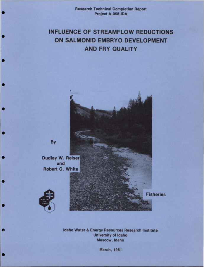 From 1977-1979 field and laboratory tests were conducted to determine the impacts of streamflow reduction over redds on salmonid embryo incubation and fry quality. Laboratory tests were conducted in artificial stream channels located at the Hayden Creek research station and in incubation chambers installed in the University of Idaho fisheries wet lab. Field tests utilized sections of Big Springs Creek and Bear Valley Creek. Tests were designed to evaluate the effects of reducing depths and velocities over redds on spring chinook salmon (Onchorhycus tshawytscha) and steelhead trout (Salmo gairdneri) embryo incubation success and resulting alevins. Sediment size and level was incorporated into the test design. [...] Submitted to Office of Water Research and Technology, U.S. Department of the Interior.