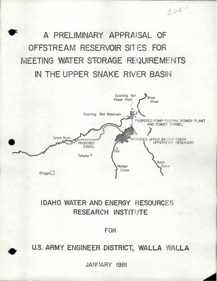 This report presents and appraisal of the value and possibility of utilizing offstream reservoirs as water and related land resource developments. It follows a Phase I effort that merely inventoried potential sites in the Upper Snake River Basin of Idaho upstream from Weiser, Idaho. The study reports on the assessment that was made of the availability of water for storage on offsteream reservoirs in the various drainages, allowing for extensive use of interbasin transfer of water and for pumping to sites from water sources that appear to have not been completely allocated. Likely future uses of the storage water that could be impounded in offstream reservoirs are reported on and estimates are made of the value of water in those uses under Idaho conditions now prevailing. Over 200 offstream reservoir sites were considered and a subjective screening has identified by basin thirteen of the most promising sites. Submitted to U.S. Army Engineer District, Walla Walla.