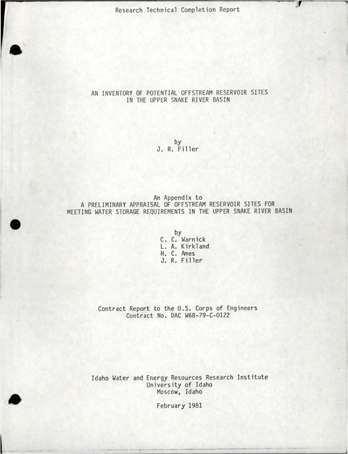 This document serves as an appendix to "A preliminary appraisal of offstream reservoir sites for meeting water storage requirements in the Upper Snake River Basin" (Warnick, Kirkland, Ames, Filler, 1981). It should be noted that all values given in this appendix are estimates done in a very preliminary, reconnaissance-like way. Dam heights and crest lengths are estimated at the water surface elevation indicated and do not reflect a freeboard value. Very rough cost estimates have been calculated for many of the sites in this appendix for the purpose of determining their relative economic acceptability. Included in this appendix are some pumped storage sites and potential redevelopment of existing sites that were studied briefly in this investigative effort. Contract report to the U.S. Corps of Engineers.