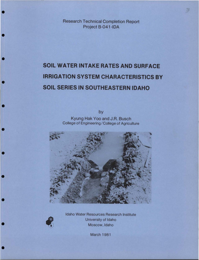 Seven major soil series of irrigated agricultural land of southeastern Idaho were evaluated to obtain soil water intake rates. They range in texture from silt loam to gravely loam. Three crops (hay, grain and potatoes) were selected for this study. Soil survey maps from local Soil Conservation Service were used to locate each soil series of the area. [...] The infiltrometer ring test method was used for border irrigated fields, and the inflow-outflow method for furrow fields. [...] The irrigation practices on two furrow fields were evaluated using the data obtained in this study. The results showed that improved water management practices are needed to obtain higher application efficiencies on both fields. One field had excess irrigation with high runoff loss and the other field had a lack of irrigation with high runoff loss. The irrigators could increase the efficiency by using a cut back stream and/or a return flow recovery system. Submitted to the Office of Water Research and Technology, U.S. Department of the Interior.