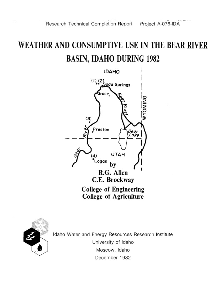 Temporary weather stations located in the western portion of the Bear River basin in southeastern Idaho were monitored during the 1982 growing season. Hourly measurements of solar radiation, wind travel, air temperature and dewpoint temperature were recorded. Solar radiation in the area was similar to measurements at Logan, Utah and Kimberly, Idaho during the same period. Measured wind travel and air temperatures in the Bear River basin varied with site location. Consumptive use estimated for crops around each of three weather sites was compared to soil moisture depletion measured with a neutron probe. Consumptive use methods evaluated included the Wright-1982, FAO-Blaney-Criddle, Jensen-Raise, SCS-Blaney-Criddle and a regional aridity approach to estimating consumptive use reported by Morton (1976) and Brutsaert and Stricker (1979). Performance of consumptive use methods depended on whether crops were irrigated or dryland crops.