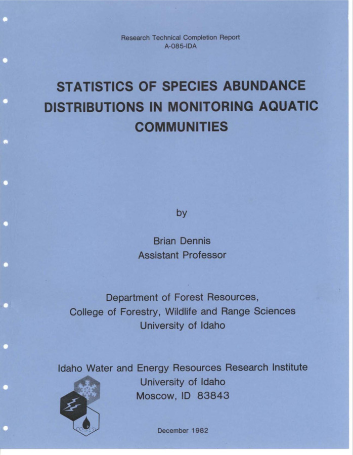 This report documents statistical procedures for using species abundance distributions for monitoring pollution impacts in aquatic biological communities. The species abundance distributions are also appropriate for use in other areas of applied ecology as well. Previous use of these tools by ecologists has relied on largely ad hoc data analysis procedures having little basis in statistical theory. This report is a synthesis of the statistical theory that applies to species abundance distributions. The report discusses appropriate statistical interpretation of the distributions, sampling distributions, types of abundance models such as the lognormal and the gamma, the canonical hypothesis of species abundance, and methods of testing hypotheses. It also identifies a number of important questions needing further research. Submitted to Bureau of Reclamation, U.S. Department of the Interior.