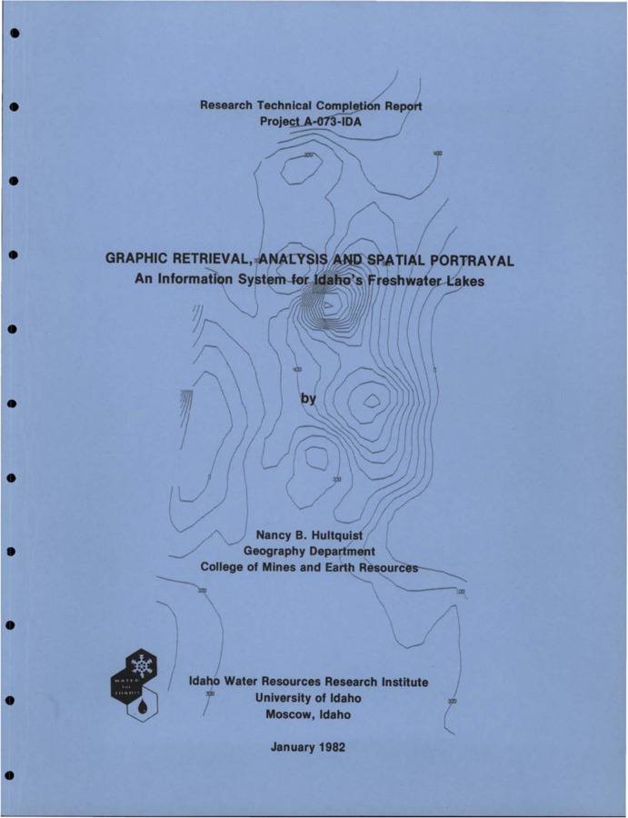 This report and accompanying computer tape document the data processing support provided by this Idaho Water Resources funded project to the larger EPA funded ''Clean Lakes'' study. This project is known by the acronym GRASP, which derives from Graphic Retrieval and Spatial Portrayal. [...] An exhaustive search was made [...] to identify all the lakes of Idaho. Because of nomenclature problems the list is slightly expanded and in its final form contains lakes, reservoirs, and ponds. Basic information for each water body is provided such that it is uniquely identified as to name, location, elevation, and size. Additionally 123 lakes are identified as being of ''high priority'' (as determined by the Clean Lakes researchers) and are tagged in the system and given a ''tropic index'', indicating the water quality. As currently implemented the Grasp system can be accessed via the interactive CMS capability on the University of Idaho campus. [...]