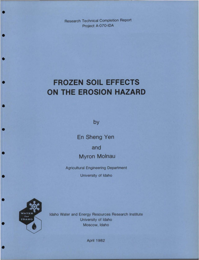 An examination of past erosion events shows that erosion and sediment yield affected by frozen soil are usually worse than that occurring on unfrozen soil. The objectives of this project were to determine if these observed differences were real or not and also if the severity of erosion in the early winter had any effect on the severity of erosion in the late winter or spring. The changes in surface roughness of three plots were determined as a function of the freeze thaw cycles. Runoff energy and sediment yield were classified as to whether they occurred on frozen, thawing or unfrozen soil. It was found that there were significant differences in runoff energy and sediment yield from snowmelt or rainfall on frozen or unfrozen soil. Sediment yield from runoff occurring on thawing or frozen soils was the same and was significantly different from rain on unfrozen soil. [...]