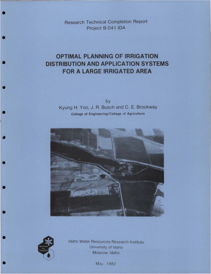 The purpose of the research reported was to develop and apply techniques to obtain optimal solutions for multi-objective planning of a large irrigated area. Techniques were developed to effectively inventory a large area, determine the costs and operating characteristics of irrigation system components and obtain optimal system plans using mathematical programming. These techniques were applied to a large irrigated area located near Idaho Falls, Idaho. All sources of data pertinent to irrigation in the study area were collected, and low level infrared pictures were taken over the area. [...] Costs and operating characteristics of all irrigation system components were determined using computerized routines. [...] Optimal plans of the least cost arrangement of distribution and application system components were obtained using linear programming and mixed integer-linear programming models. [...] The planning procedures developed proved to be effective and flexible in producing optimal irrigation system plans for a large area. Results produced were descriptive scenarios that would assist planners, irrigators and other interested parties in making multiple objective planning decisions.