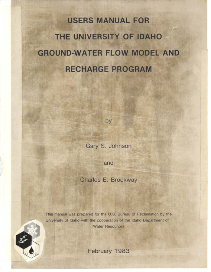 This manual documents two computer programs. The first is a finite difference ground-water flow model which has been applied to several areas in southern Idaho since its conception in 1970. The second program, titled RECHARGE, calculates and sums several factors contributing to aquifer recharge and discharge, for each cell of a rectangular model grid. The model simulates two-dimensional flow under anisotropic and heterogeneous aquifer conditions. Head values are calculated by application of the alternating-direction procedure to the backward-difference form of the finite -difference equation. The model is capable of calculating flow to or from a single overlying or underlying aquifer under transient or steady-state conditions, for confined and unconfined aquifers. [...] The RECHARGE program calculates aquifer recharge and discharge from precipitation, ground-water and surface-water irrigation, canal seepage, river gains and losses, ground-water pumping, and boundary underflow. These factors are summed for each grid cell and timestep for input to a ground-water model. [...]