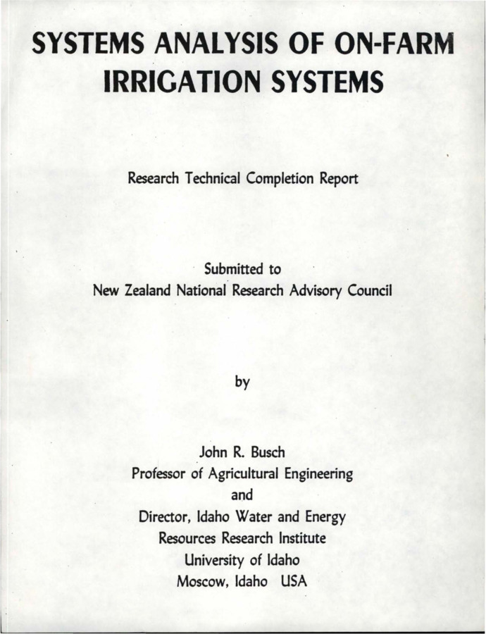 An irrigation systems analysis procedure has been developed for the purpose of critically evaluation on-farm irrigation system plans and water management practices under New Zealand conditions. The procedure incorporates agronomic information along with irrigation system operating characteristics and costs. Management practices and water supply inputs are also considered. The entire procedure is a computerized model written in Fortran 77. The entire procedure consists of (1) a preliminary analysis, (2) details of system component costs and operations, and (3) a simulation of system operation. In the preliminary analysis, the statistical variation of peak irrigation water requirements is computed. This information is used to estimate system capacity along with irrigated area and/or cropping pattern while considering the level of risk involved. The system component information includes details of crop rotation, plant-soil-water relationships and irrigation priorities. Operating characteristics and costs including two separate loan terms are computed for all irrigation system components. Simulation of system operation determines how an irrigation system functions over a period of time in supplying irrigation water requirements and the costs involved. Results produced by the procedure are designed to show the adequacy of irrigation for each crop in the rotation, irrigation system performance and the causes of any inadequacies in irrigation, and system cost. [...] Submitted to the New Zealand National Research Advisory Council.